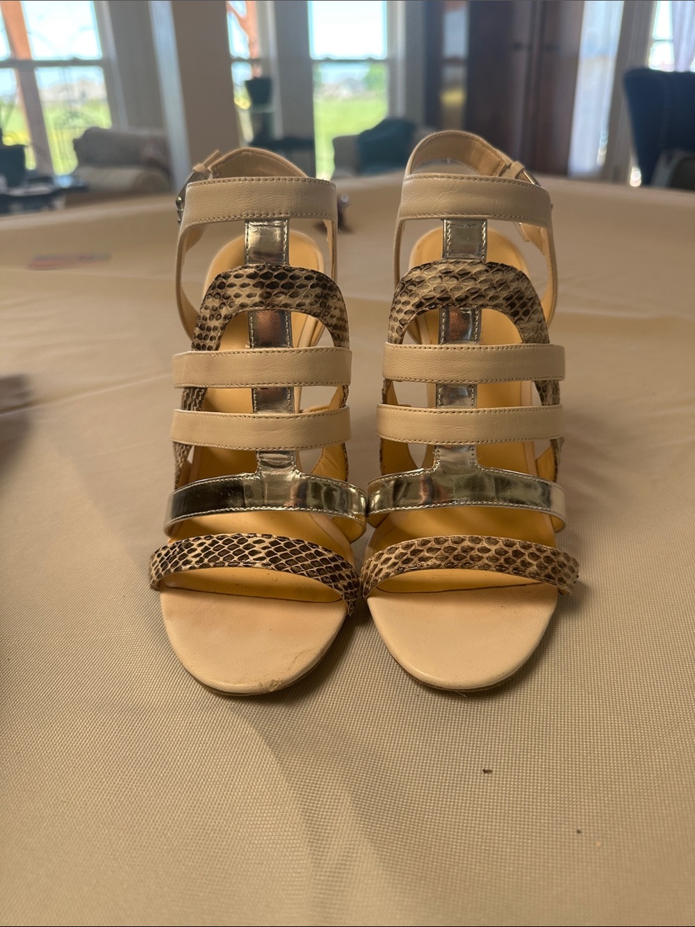Ivanka Trump Beige, Silver and Snake-Print Strappy Heels